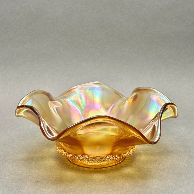 Antique Imperial Glass “Optic Flute” Marigold Carnival Glass Ruffled Bowl For Sale - Image 4 of 7