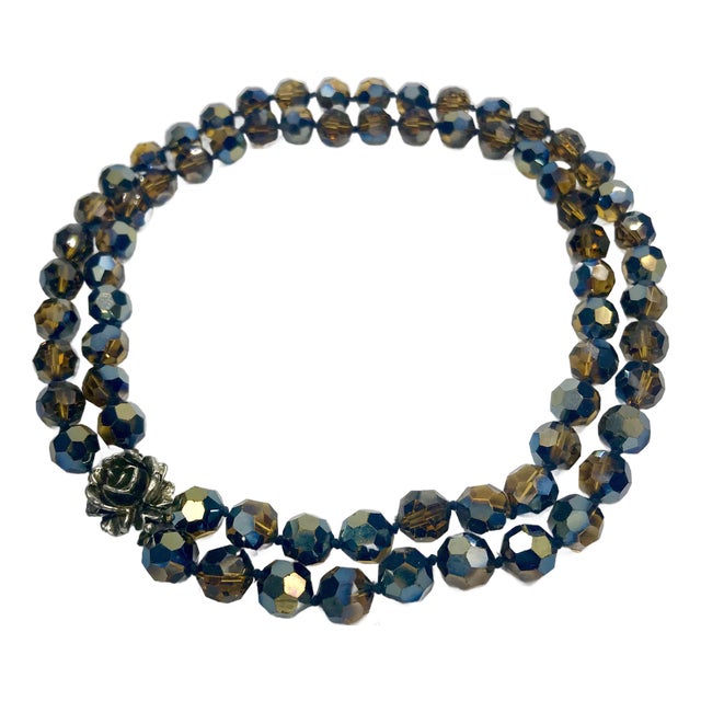 1950s Signed Vogue Chocolate Brown Aurora Borealis Double-Strand Necklace With Rose Clasp For Sale