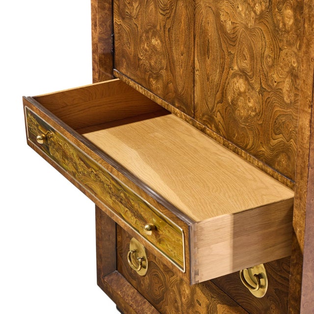 Wood Bernhard Rohne for Mastercraft Mid Century Burlwood and Acid Etched Brass Armoire Dresser For Sale - Image 7 of 9