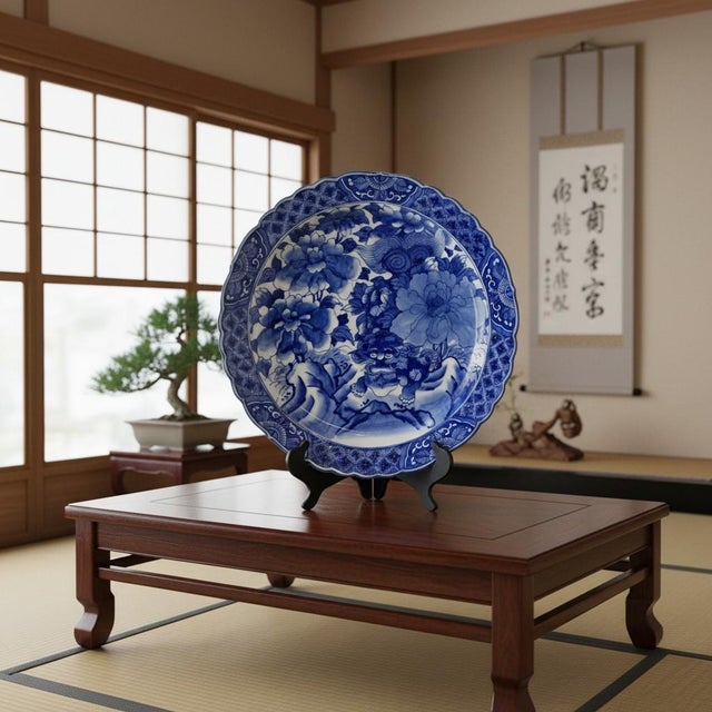 Antique Japanese Arita Blue White Charger Plate Foo Dog Lion Peony-19''-Asian For Sale - Image 9 of 11