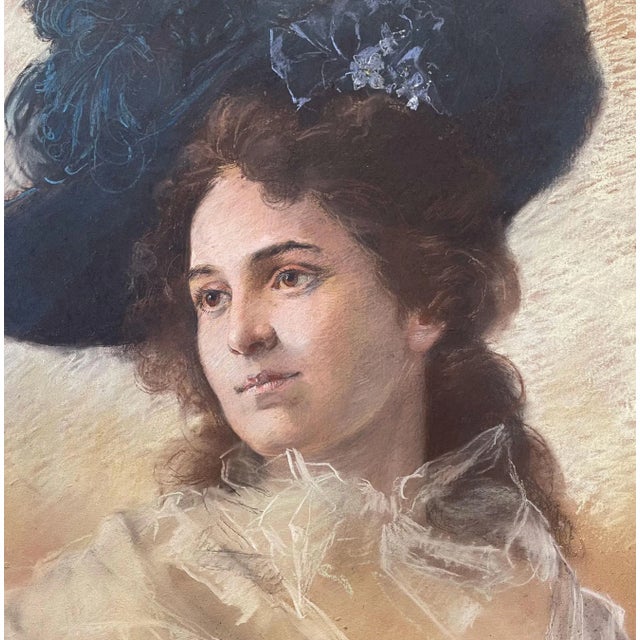 French Mid 19th Century Portraits of Two Young Women Pastel Drawings, Framed - a Pair For Sale - Image 3 of 10