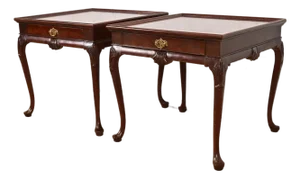 Baker Furniture Queen Anne Walnut and Burl Wood Nightstands or End Tables, Pair
