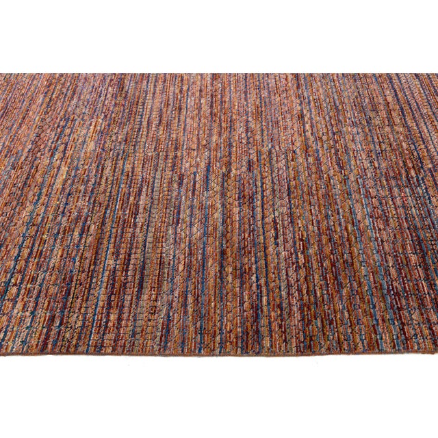 Sunset Ember: Modern Indian Savannah Hand-Knotted Striped Wool Area Rug 13x17 For Sale In New York - Image 6 of 10