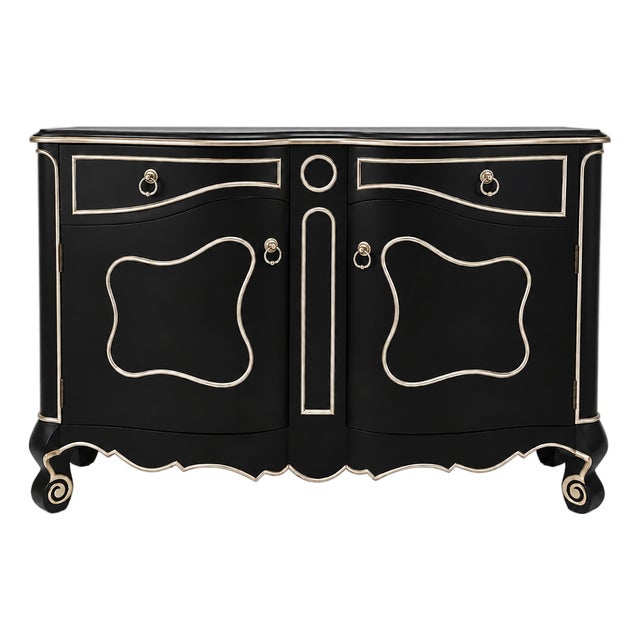 Late 20th-C. Modern French Louis XV Style Cabinet Black & Silver Gilt, Pair Available For Sale