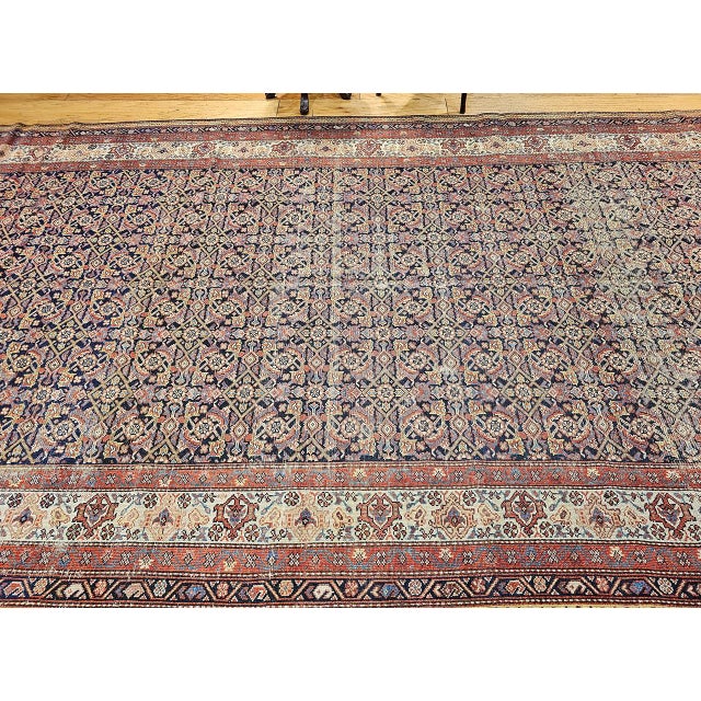 19th Century Persian Farahan Gallery Rug, Hand-Knotted Wool, Allover Herati Geometric Pattern, Ivory & Red, 7x16 For Sale - Image 4 of 15