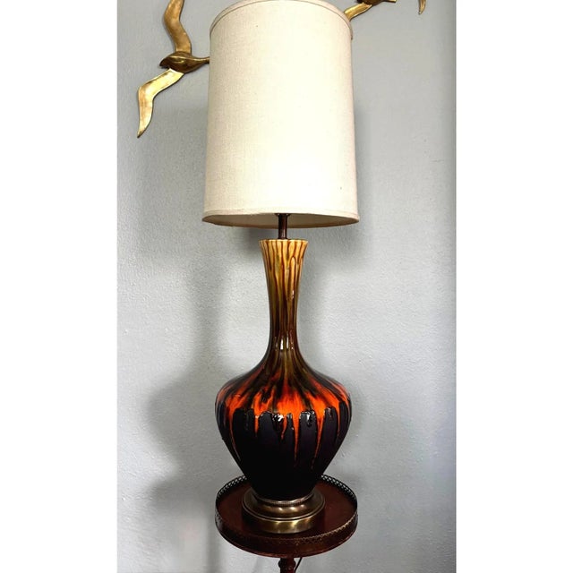 1960s Lava Drip Glaze Ceramic Table Lamp – Large 28 Inch Orange and Charcoal Mid Century Modern For Sale - Image 10 of 11