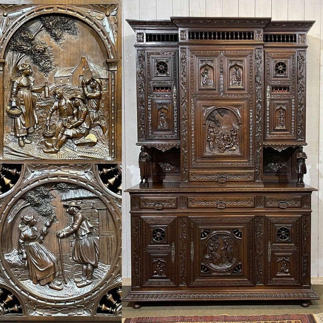 Breton 2-part buffet early 20th century in richly carved chestnut. W=1m60, D=55cm, H=2m40.