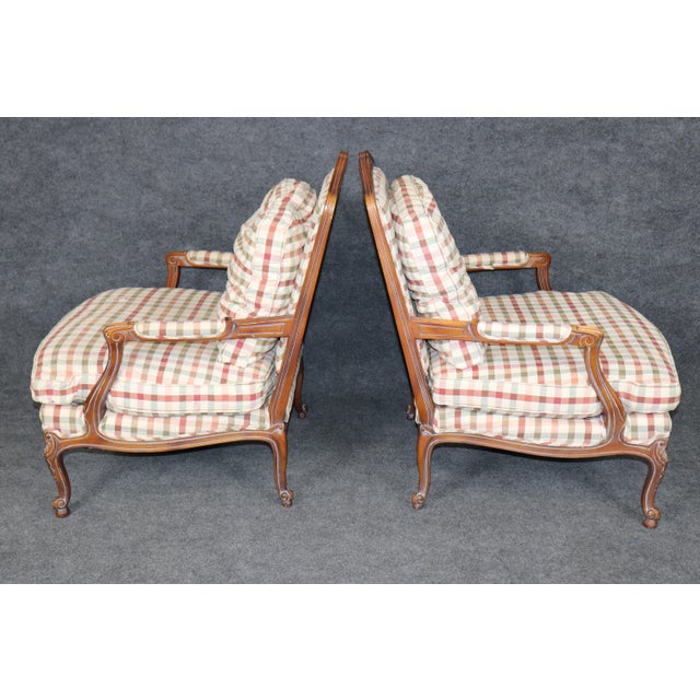 1930s Pair Louis XV Style Carved Wood Armchairs With Plaid Upholstery For Sale - Image 5 of 15