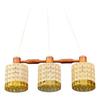 1950s Swedish Modern, Three Light Pendant Light, Teak, Glass, Sweden For Sale