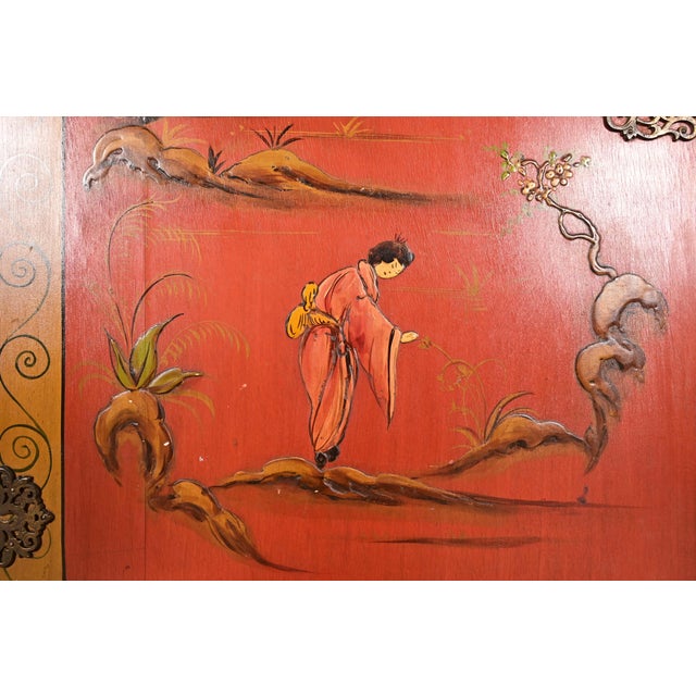 Hollywood Regency Chinoiserie Red Lacquered Hand Painted Bookcase or Bar Cabinet, Circa 1920s For Sale - Image 10 of 17