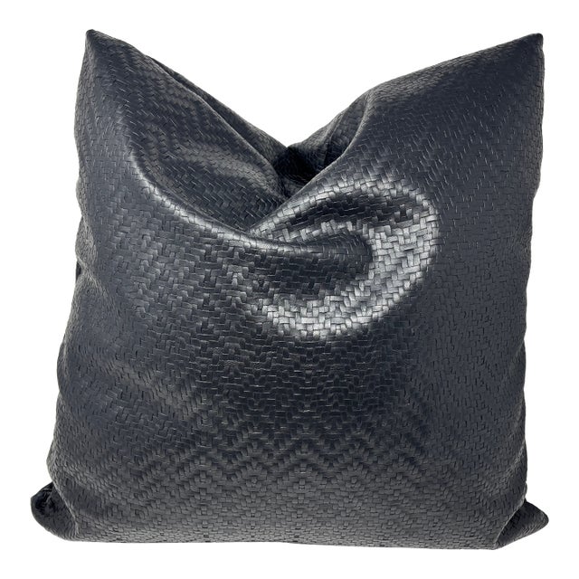 Woven Faux Leather Black Large Throw Decorative Designer Accent Pillow For Sale