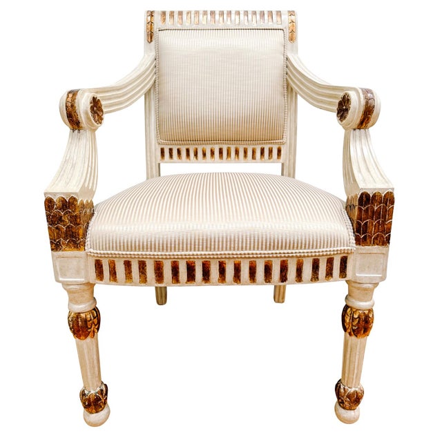 Early 20th Century Vintage Italian Neoclassical Gilt & Painted Armchair Fauteuils With Rosette Carvings - A Pair For Sale - Image 4 of 18