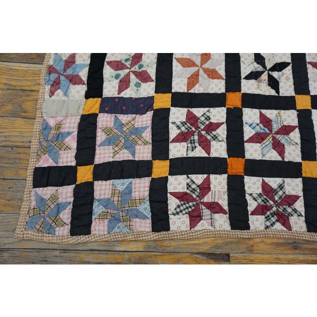 1910s 1930s Multicolor Geometric 4Star Antique American Quilt 5'3" X 6'5'' Handknotted Cotton Carpet Rug For Sale - Image 5 of 13