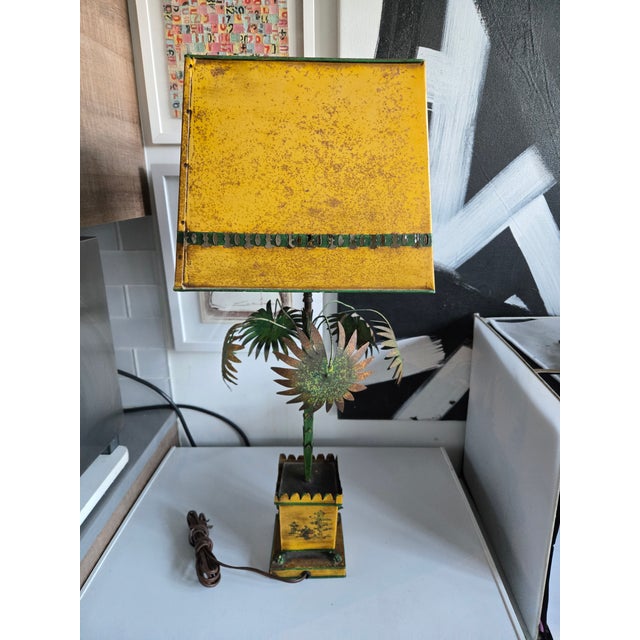 Yellow 1960's Italian Yellow Tole Palm Tree Lamp For Sale - Image 8 of 14