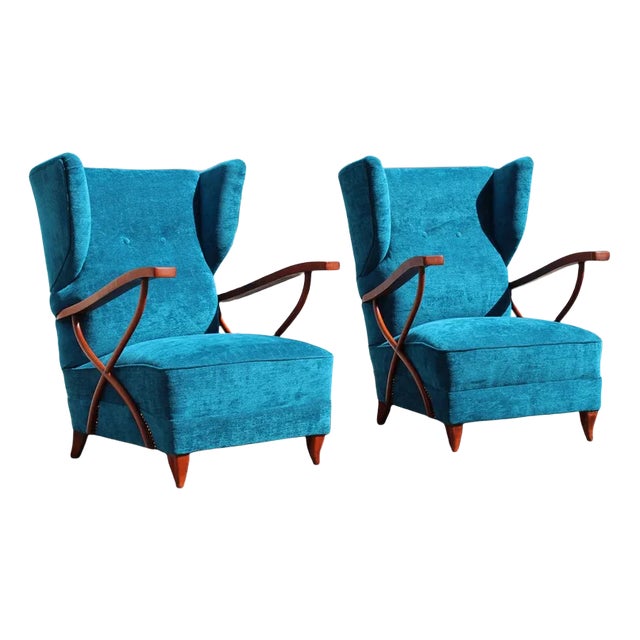 Set of Cobalt Blue Velvet Armchairs by Paolo Buffa, 1950 For Sale