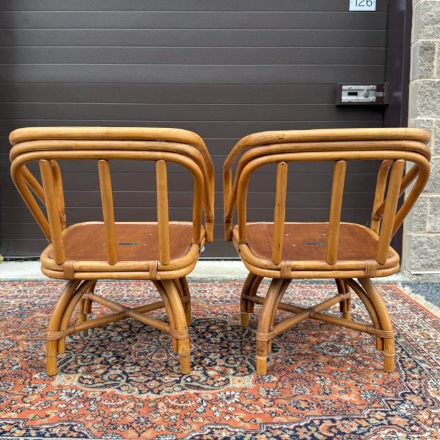 1970s Ficks Reed Mid Century Modern Bamboo / Rattan Swivel Dinette Chairs - A Pair For Sale - Image 13 of 18