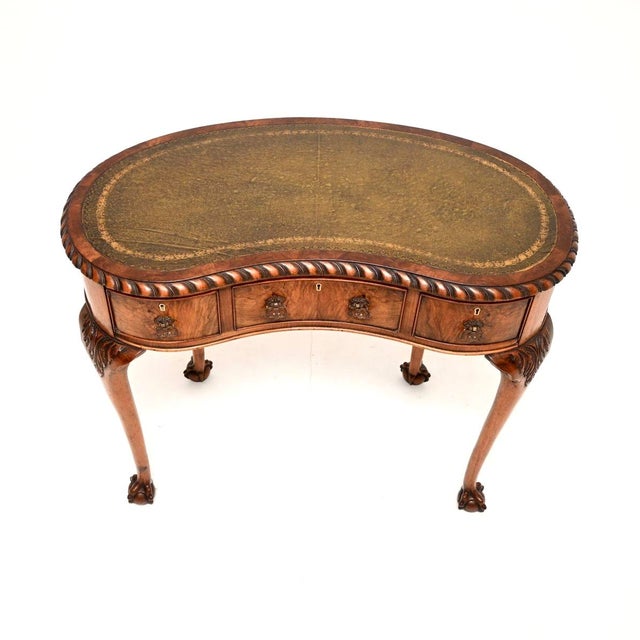 Antique Burr Walnut Leather Top Kidney Shaped Desk, 1900 For Sale - Image 4 of 11