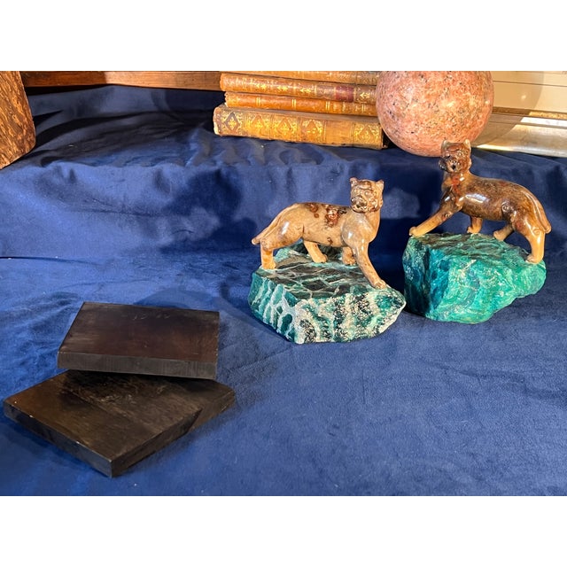 Pair of Early 20th Century Chinese Carved Marble Lions on the Faux Malachite Stone Bases For Sale - Image 12 of 14