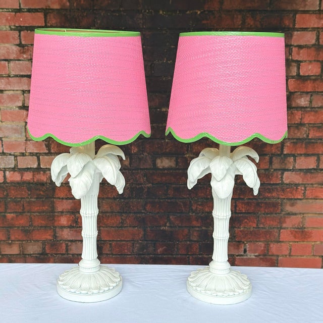 Hollywood Regency 1970s Palm Beach Regency White Palm Tree Table Lamps With Custom Scalloped Shades - A Pair Newly Painted For Sale - Image 3 of 13