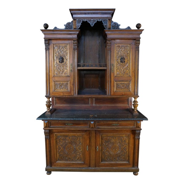 Antique 19th C. French Renaissance Revival Carved Walnut Buffet Hutch Cupboard For Sale