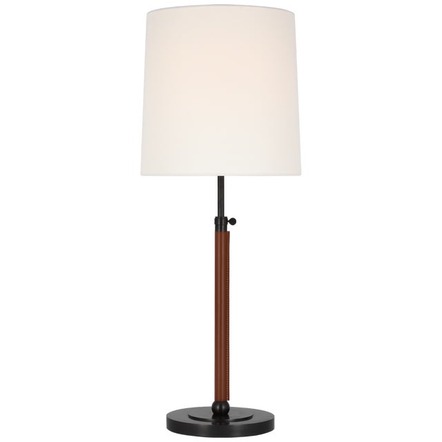 Modern Thomas O'Brien by Visual Comfort Signature Bryant Large Wrapped Table Lamp in Bronze and Saddle Leather with Linen Shade For Sale - Image 3 of 3