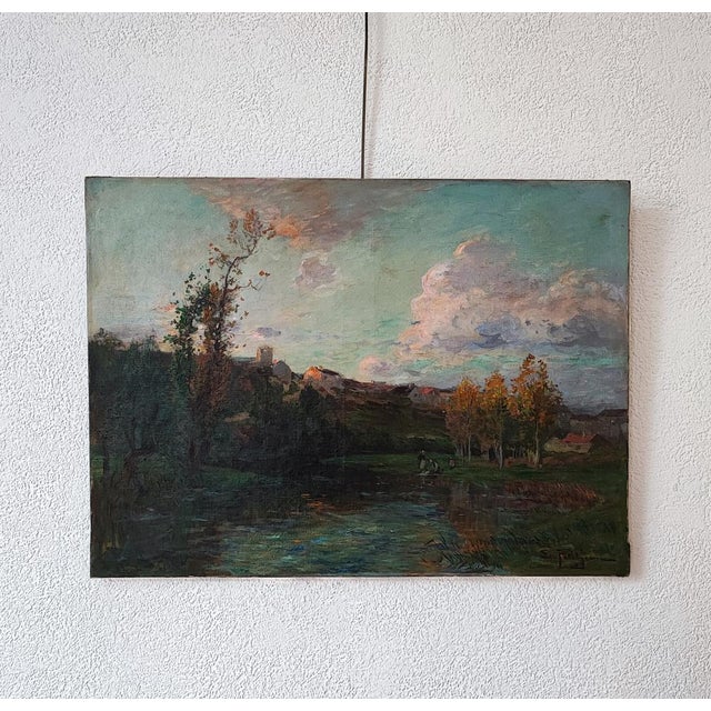 Edmond Marie Petitjean, Lavandières à la rivière, Oil on Canvas For Sale - Image 9 of 9