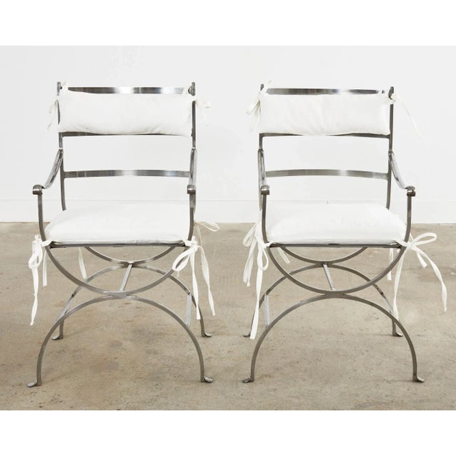 Neoclassical Pair of Neoclassical Style Steel Curule Garden Armchairs For Sale - Image 3 of 13