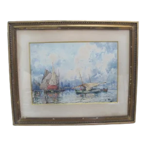 Georges William Thornley Signed Original Watercolor Painting Sailboats in Venice