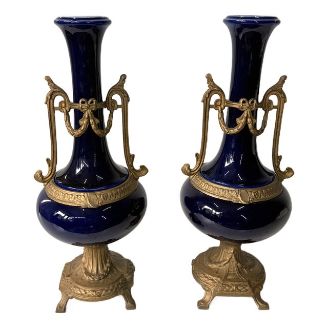 Antique French Cobalt Blue Porcelain Vases, Set of 2 For Sale