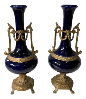 Antique French Cobalt Blue Porcelain Vases, Set of 2