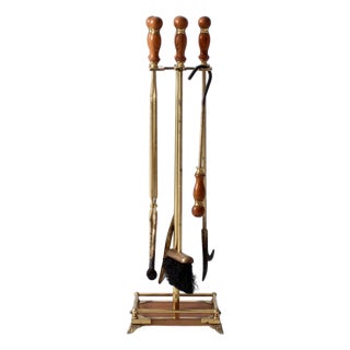 Vintage Hollywood Regency Brass Fireplace Tools Set With Wood Handles For Sale