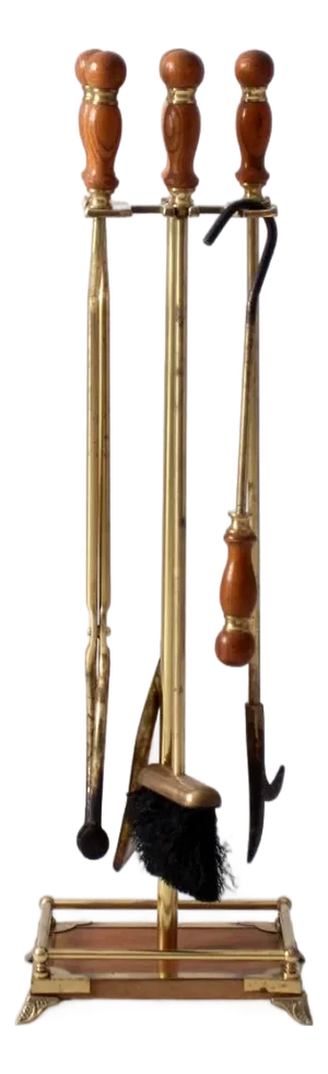 Vintage Hollywood Regency Brass Fireplace Tools Set With Wood Handles