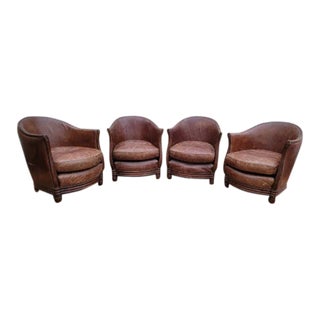 French Art Deco Distressed Brown Leather Barrel Back Melbury Club Chairs - Set of 4 For Sale