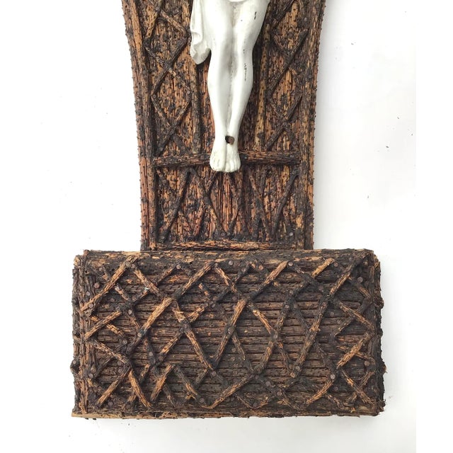 Cabin Late 1800s Twig Decorated Wall Pocket With Porcelain Crucifix For Sale - Image 3 of 7