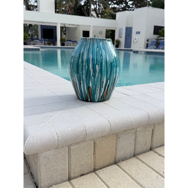 2020s Turquoise Drip Italian Ceramic Vase For Sale - Image 5 of 8