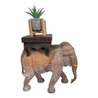Vintage Hand-Carved Wooden Elephant Plant Stand, 1960s For Sale