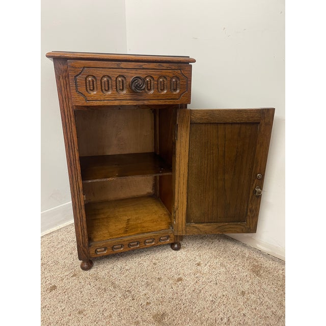 1970s Vintage Welsh Style End Table Cabinet With Drawer and Carved Panel Door For Sale - Image 5 of 9