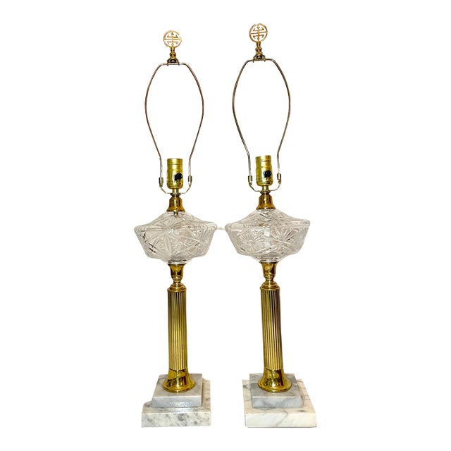 Pair of Tall Vintage Brass Crystal Marble Electric Parlor Table Lamps Antique For Sale