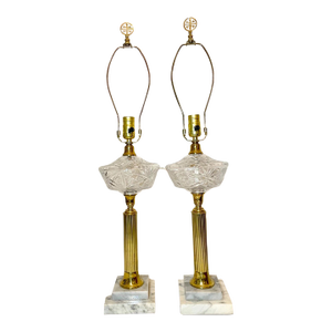 Pair of Tall Vintage Brass Crystal Marble Electric Parlor Table Lamps Antique