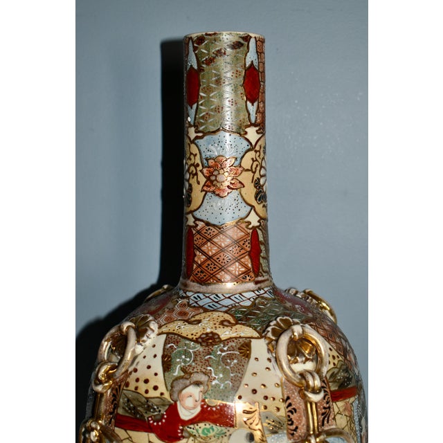 Antique Japanese Satsuma Bottle Vase With Molded Ribbons For Sale - Image 9 of 11