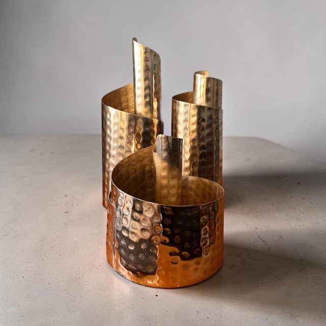 Mid-Century Modern Set 3 Vintage Mid Century Modern Candle Holders Neo Industrial Brutalist Hammered Brass Gold Tone Modern Contemporary For Sale - Image 3 of 12