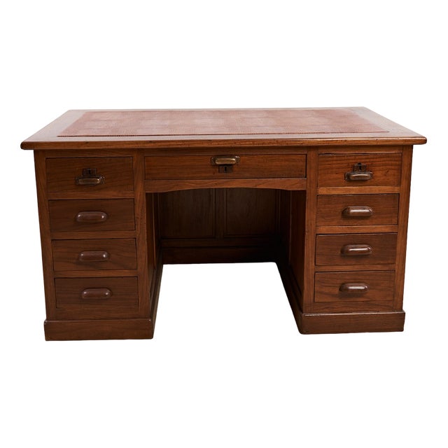 Nine-Drawer Desk with Crocodile Effect Leather Top, 1920s-1940s For Sale