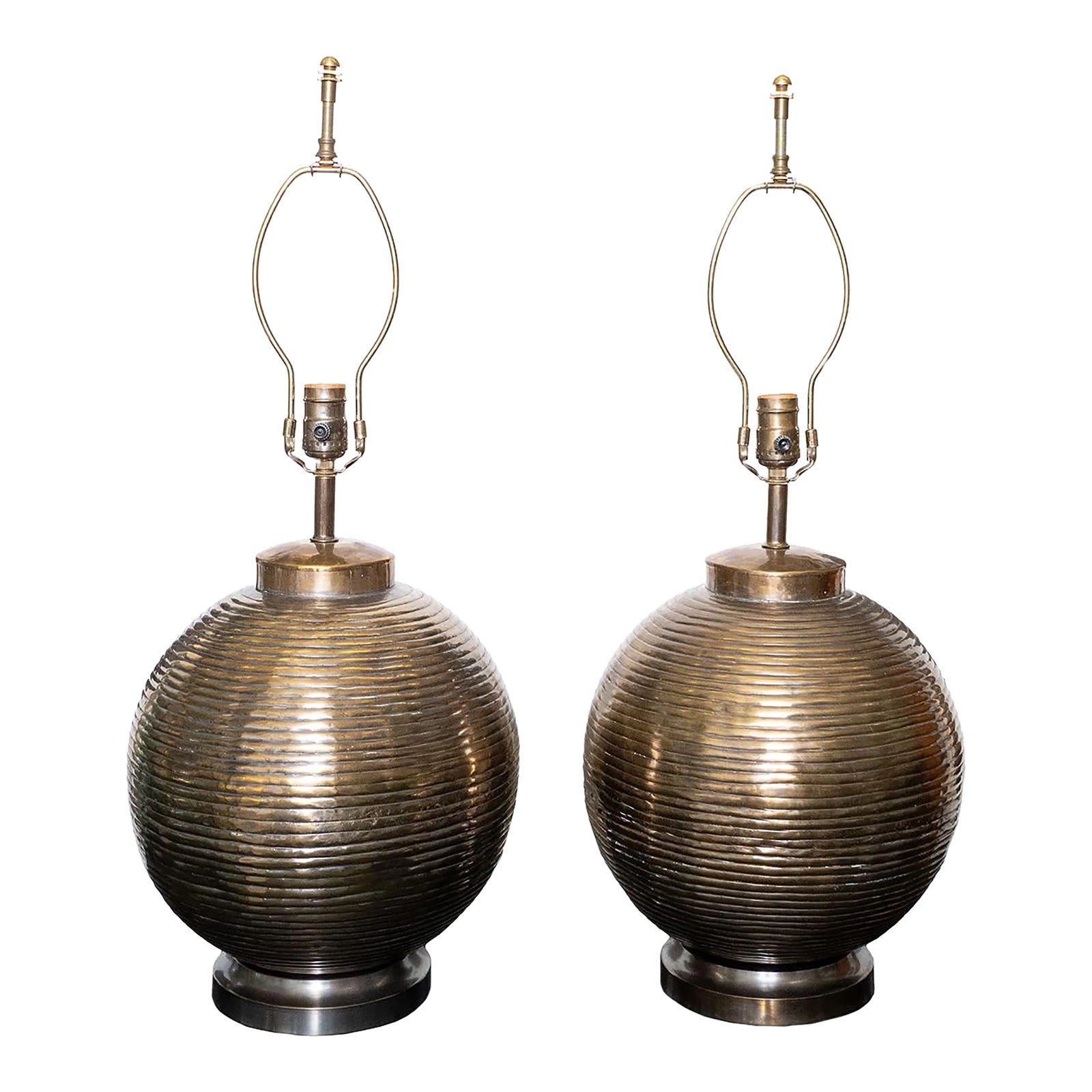 Pair of Spherical Ribbed Brass Table Lamps | Chairish