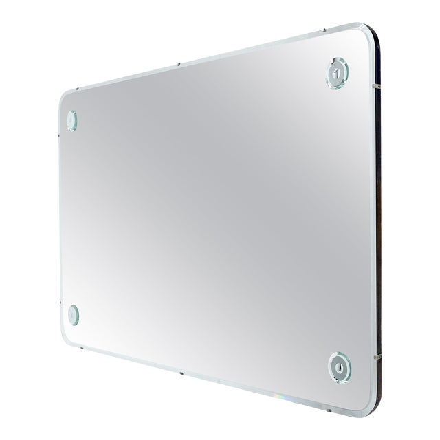 Swedish 1950's Beveled Rectangle Rounded Corners Decorative Rosettes Wall Mirror For Sale