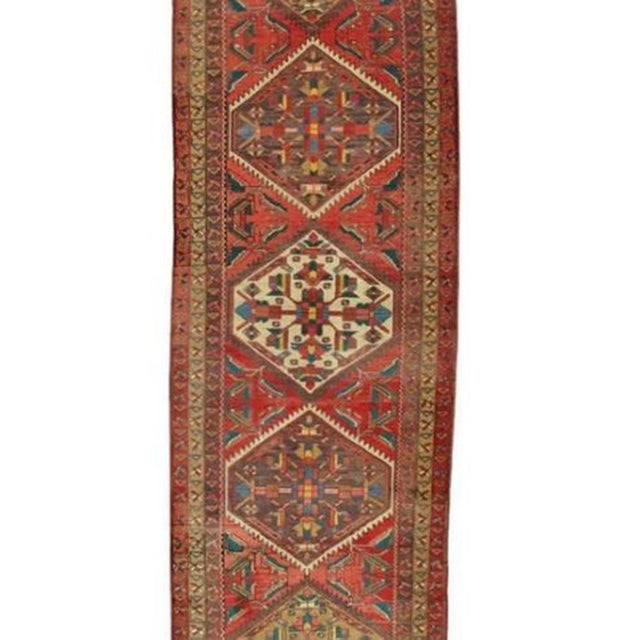 Antique Heriz Northwest Persian Runner, Handmade Rug Navy Light Blue, Rust Ivory For Sale - Image 4 of 5