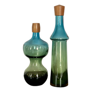 Vintage 1960's Goran Warff for Pukeberg Pair of 'Male' & 'Female' Glass Decanters From the Tropico Series With Teak Stoppers