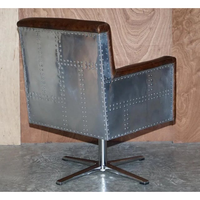 Hand Dyed Brown Leather Aviator Hammered Metal Swivel Captains Armchair For Sale - Image 15 of 18