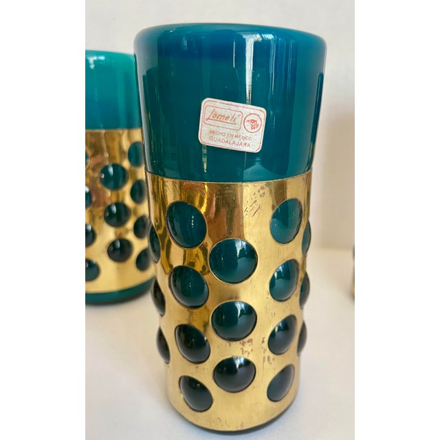 Mid 20th Century Mid 20th Century Mexican Hand-Blown Caged Blue Art Glass and Brass Glasses Made by Jomeli - Set of 6 For Sale - Image 5 of 12