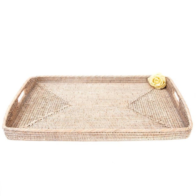2020s Artifacts Rattan Rectangular Ottoman Tray with High Handles in White Wash - 28" For Sale - Image 5 of 6