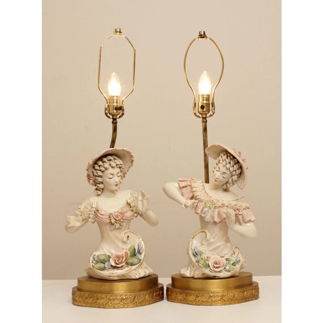 Rococo Vintage Porcelain Figurine Table Lamps - A Pair For Sale - Image 3 of 13